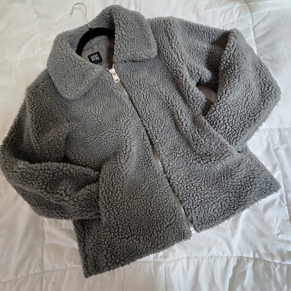 BDG Sage Gray Green Sherpa Teddy  Jacket Jacket Size S-P - Picture 11 of 13